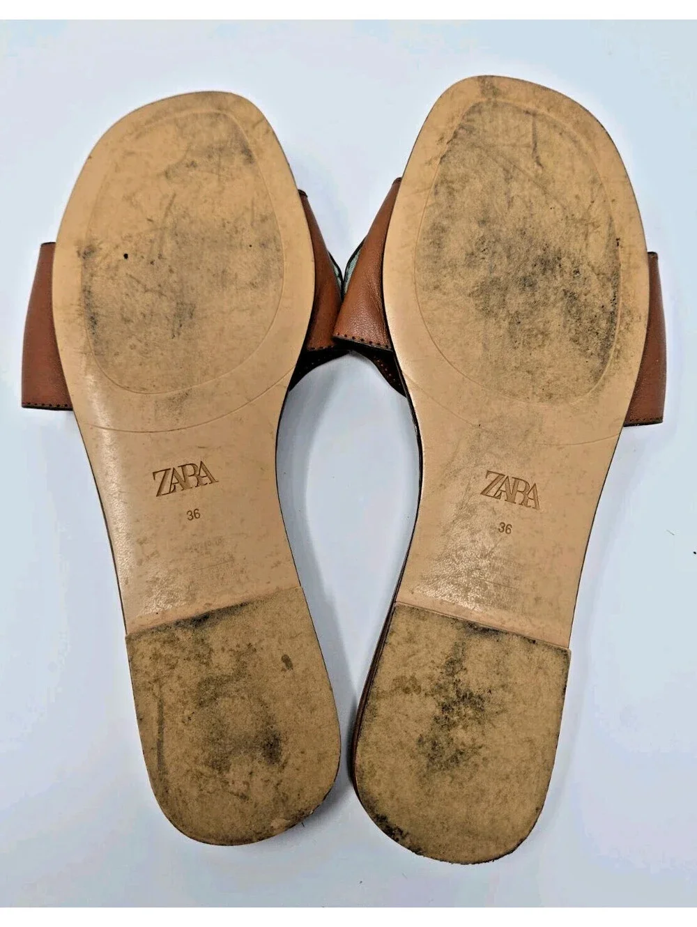 Zara Leather Flat Slides Brown Size 6 / 36 Easy Summer Sandals